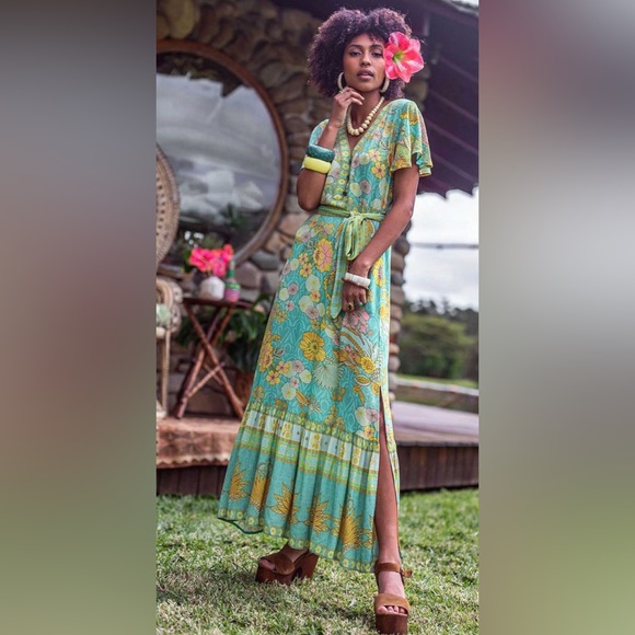 Boho Floral Solei Maxi Faux Wrap Ruffle Dress With Butterfly Sleeves - Picture 6 of 9